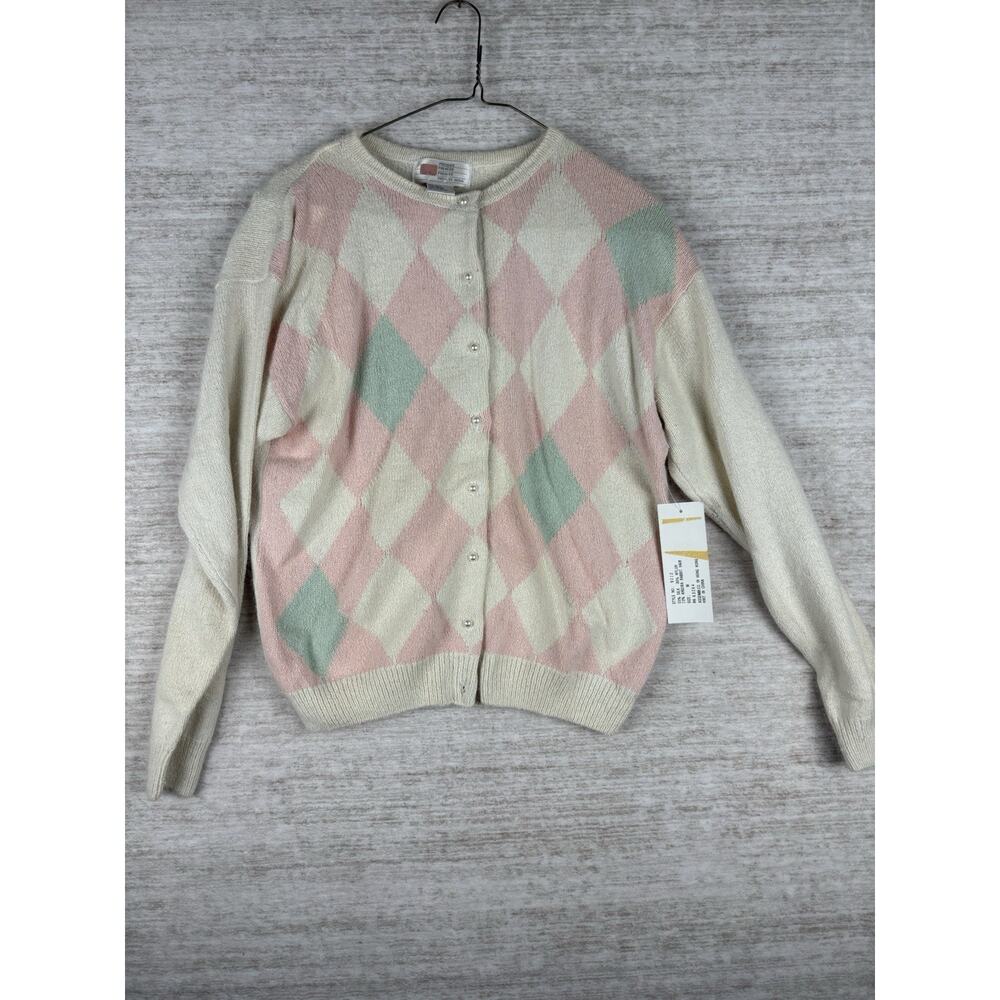 Premier MODA Vintage Argyle 80s Angora Rabbit Silk Sweater Pearl Beading M